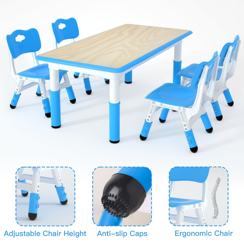 Kids Table and 4 Chairs Set, Height Adjustable Children Table & Chair, Toddlers Study Multi-Activity Table with
