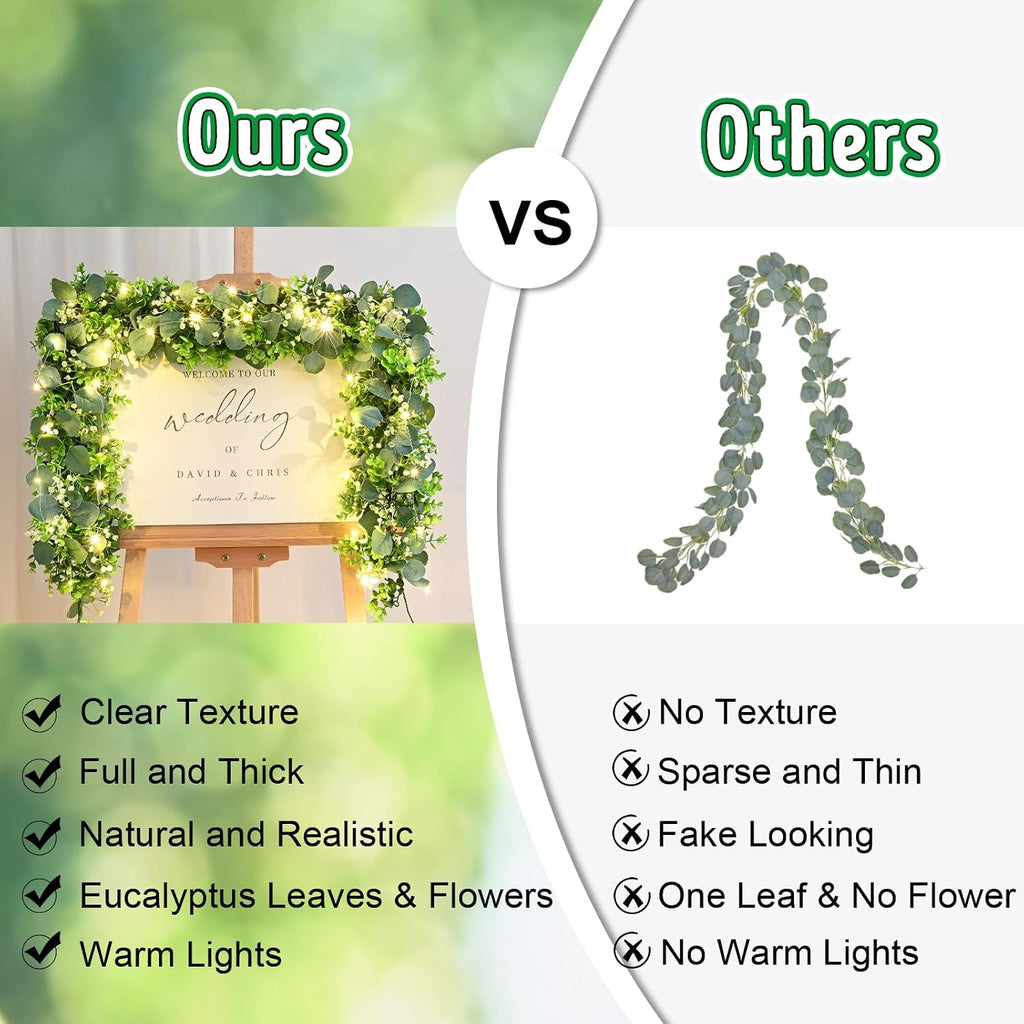 Eucalyptus Garland with Lights, Greenery Garland, Green Garland with Flowers, 5.9FT Artificial Faux Eucalyptus - Set of 4