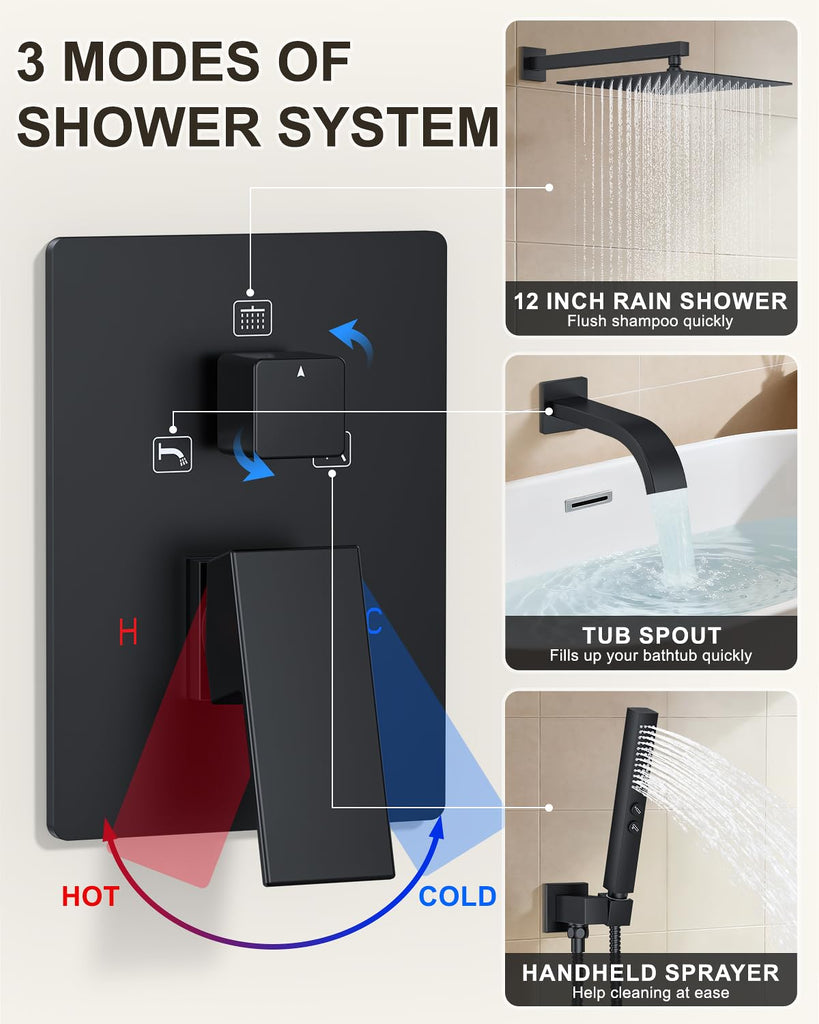 Shower System with Tub Spout, Bathtub Shower Faucet Set Matte Black
