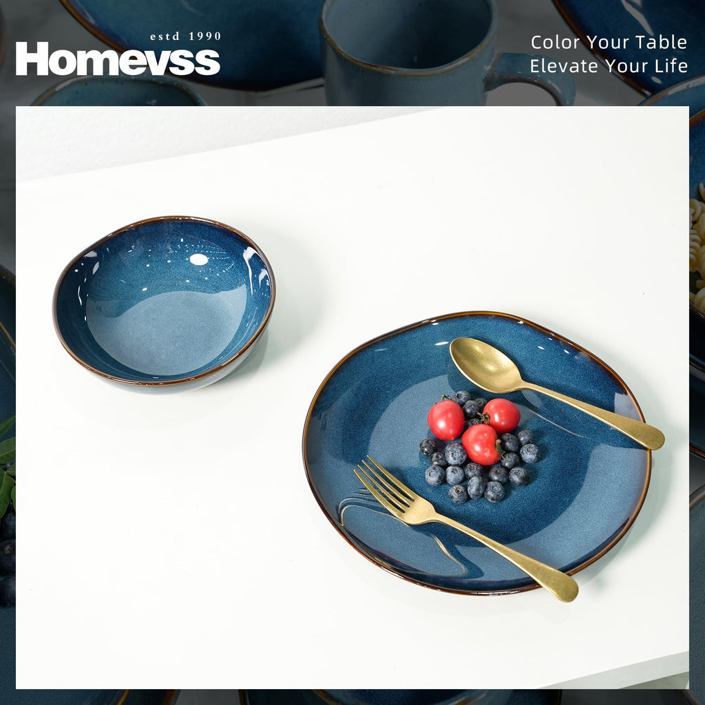 Highland 16pc Dinnerware Set, Unique Organic Shape Double Bowl, Stoneware Plate & Bowl Dish Set Service For 4
