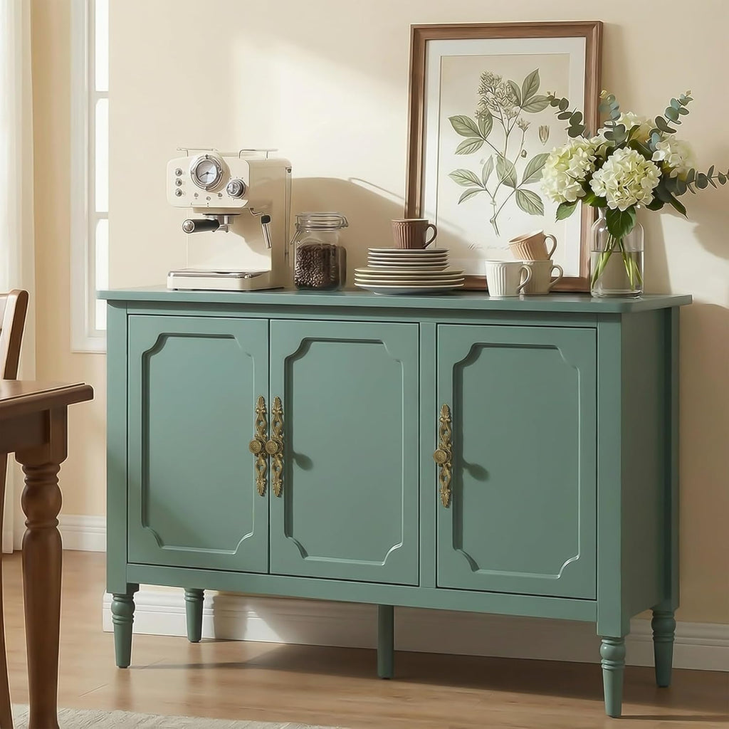 Buffet Cabinet with 3 Doors, Mid-Century Modern Sideboard with Adjustable Shelves, Wood Painted Coffee Bar Table with