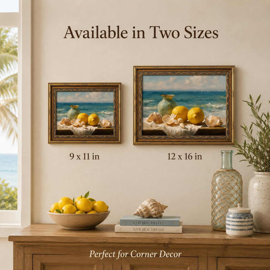 Vintage Gold Framed Lemon Seashell Coastal Canvas Wall Art 12x16 In