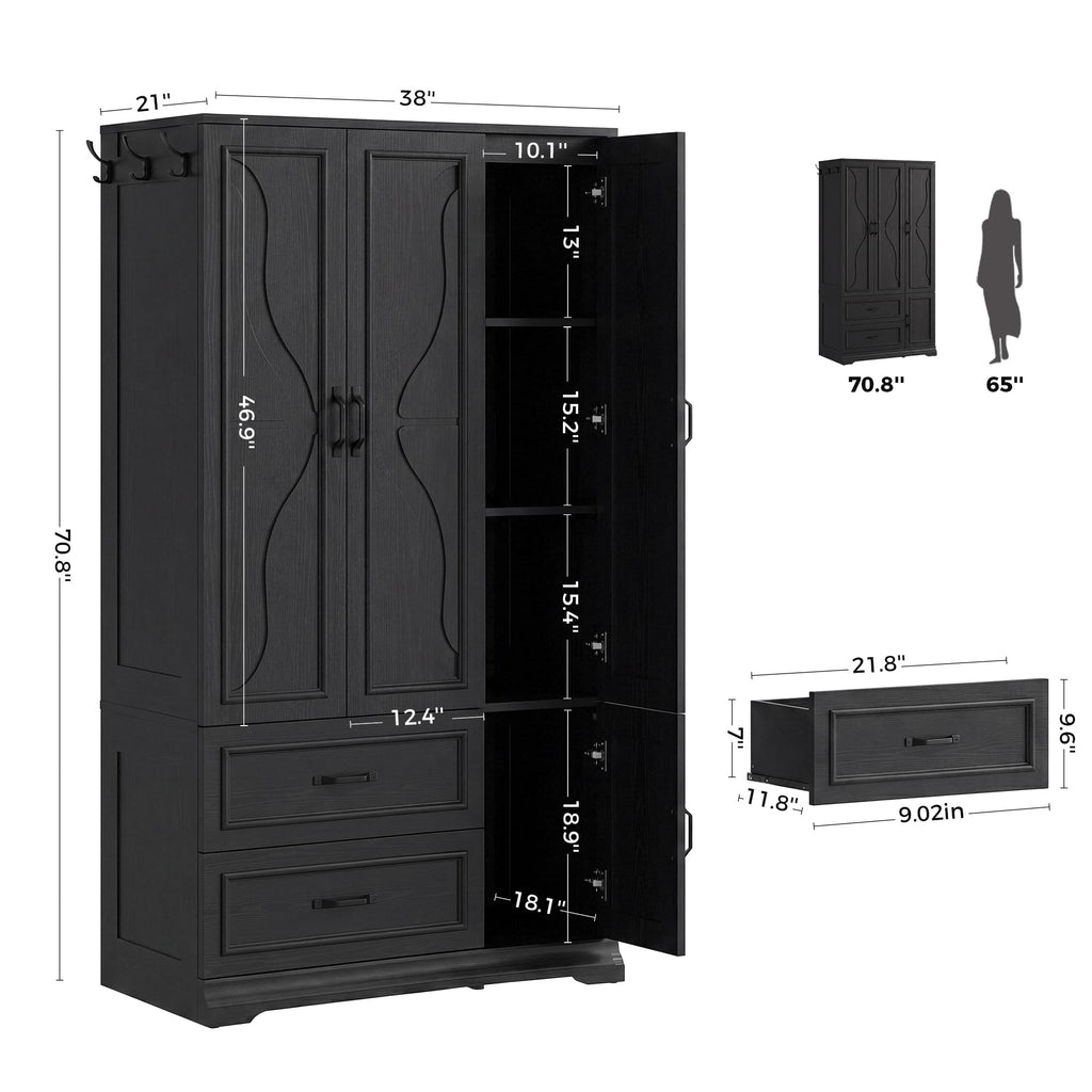 Armoire Wardrobe Closet with 4 Doors and Drawers, Black