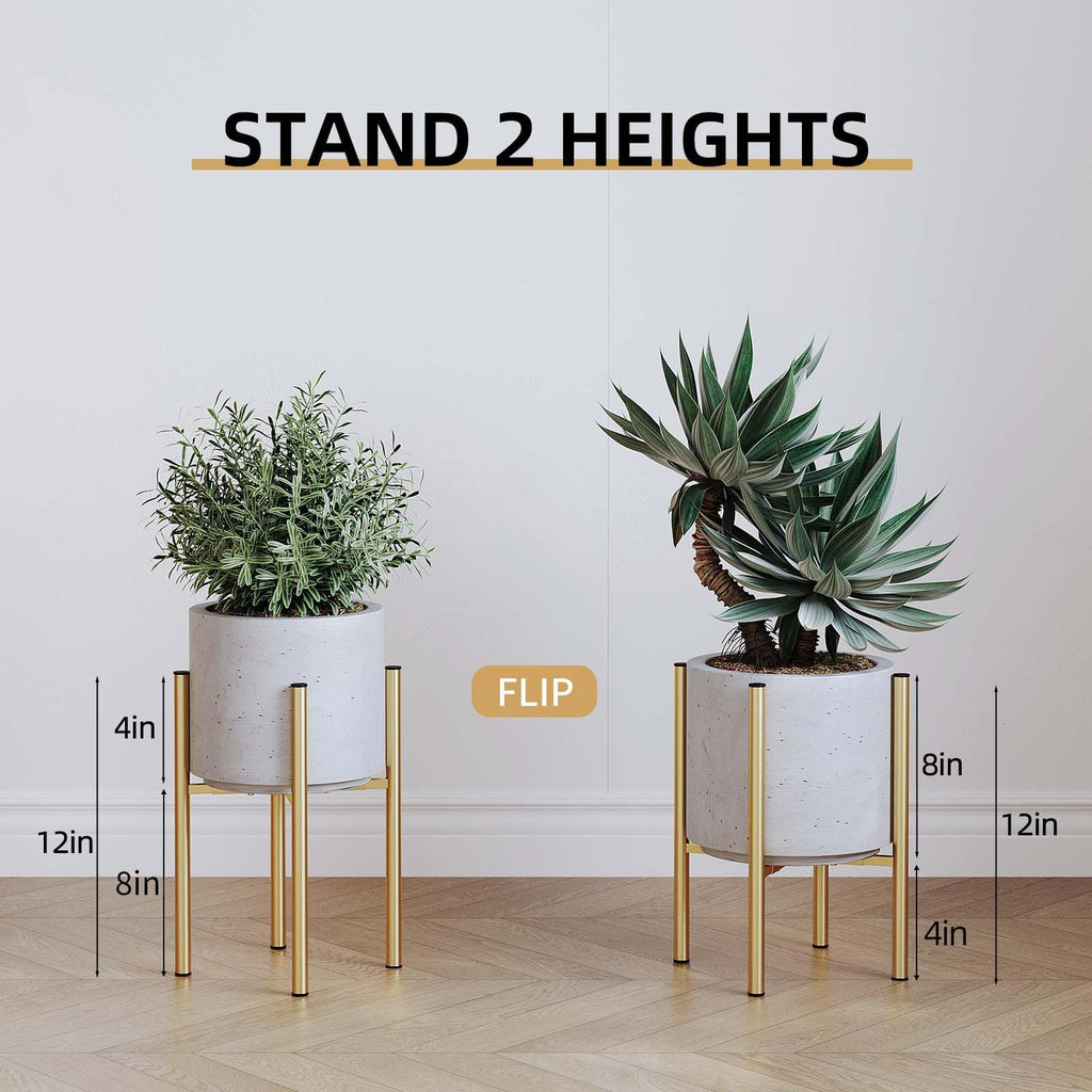 Adjustable Metal Plant Stand Indoor, Fits 8-14 Inch Pots, Mid Century Modern Gold Planter Holder, 2 Heights, Heavy