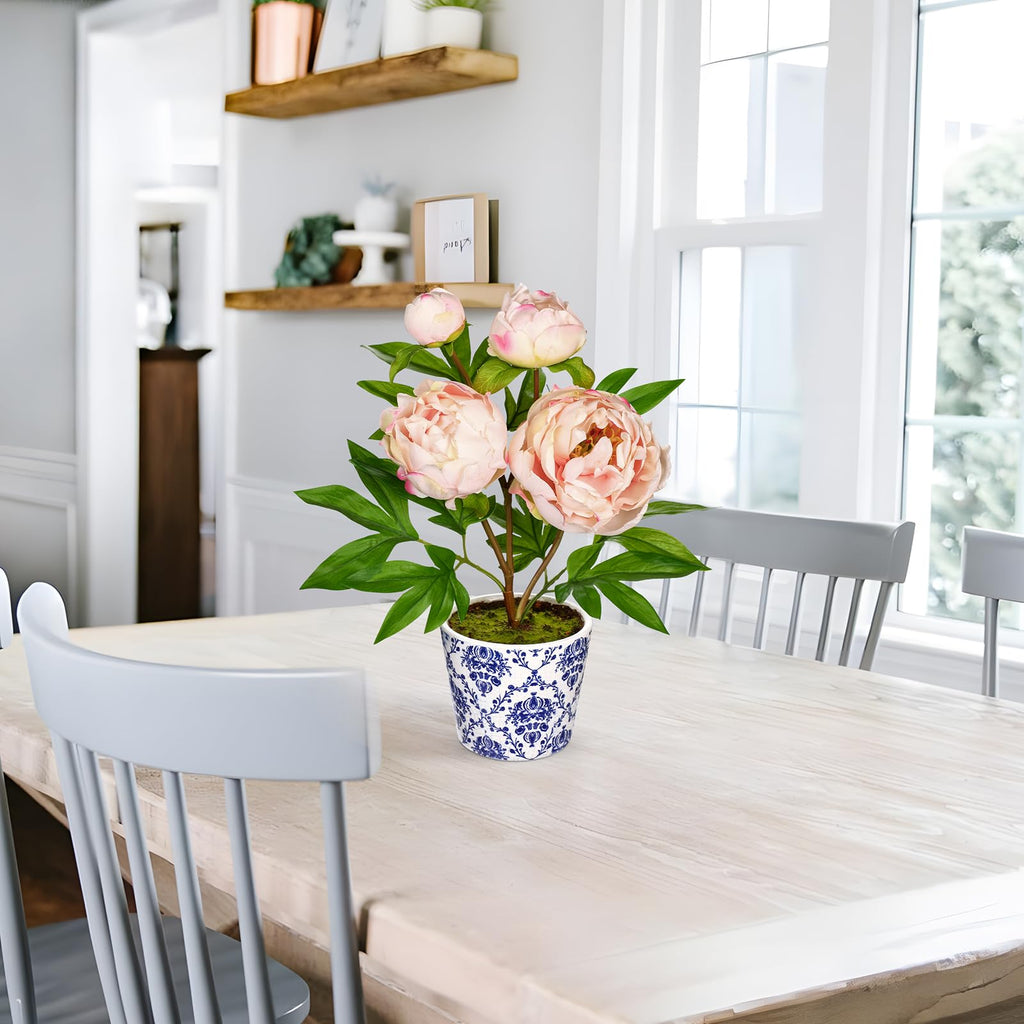 Faux Peony Flowers in Blue and White Ceramic Pot - 13.8" Realistic Silk Peonies Artificial Peony Floral Arrangement