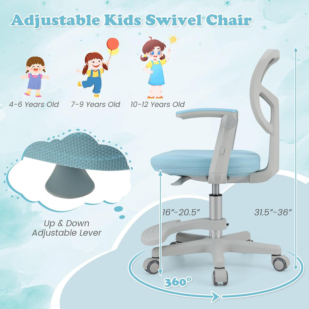 Kids Desk Chair, Ergonomic Adjustable Student Rolling Chair with Footrest & Flip-up Armrest, Mesh Children Office