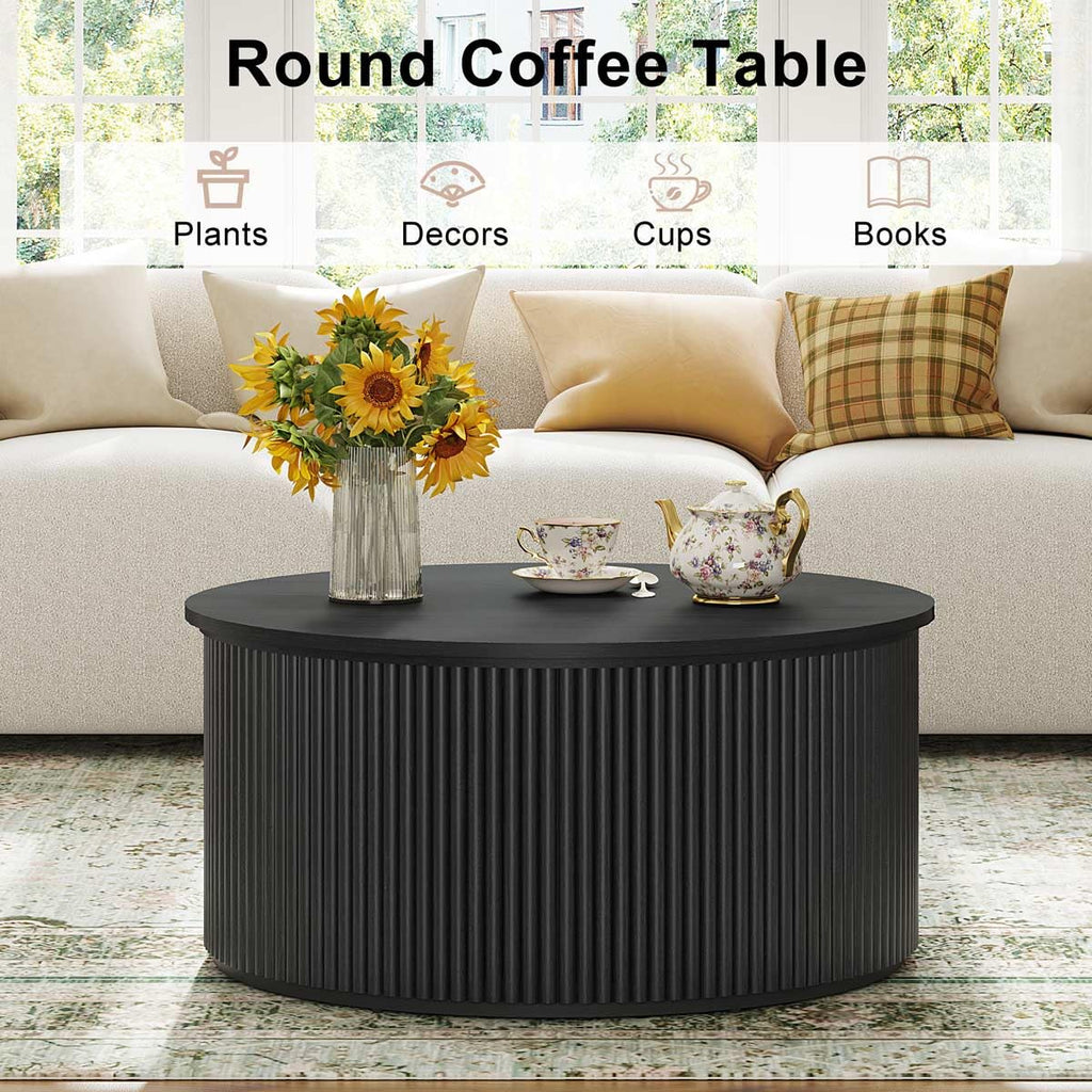 Round, Fluted Wooden Center Table, Circular Mid-Century Modern Coffee Tables for Small Space, Living Room, Bedroom
