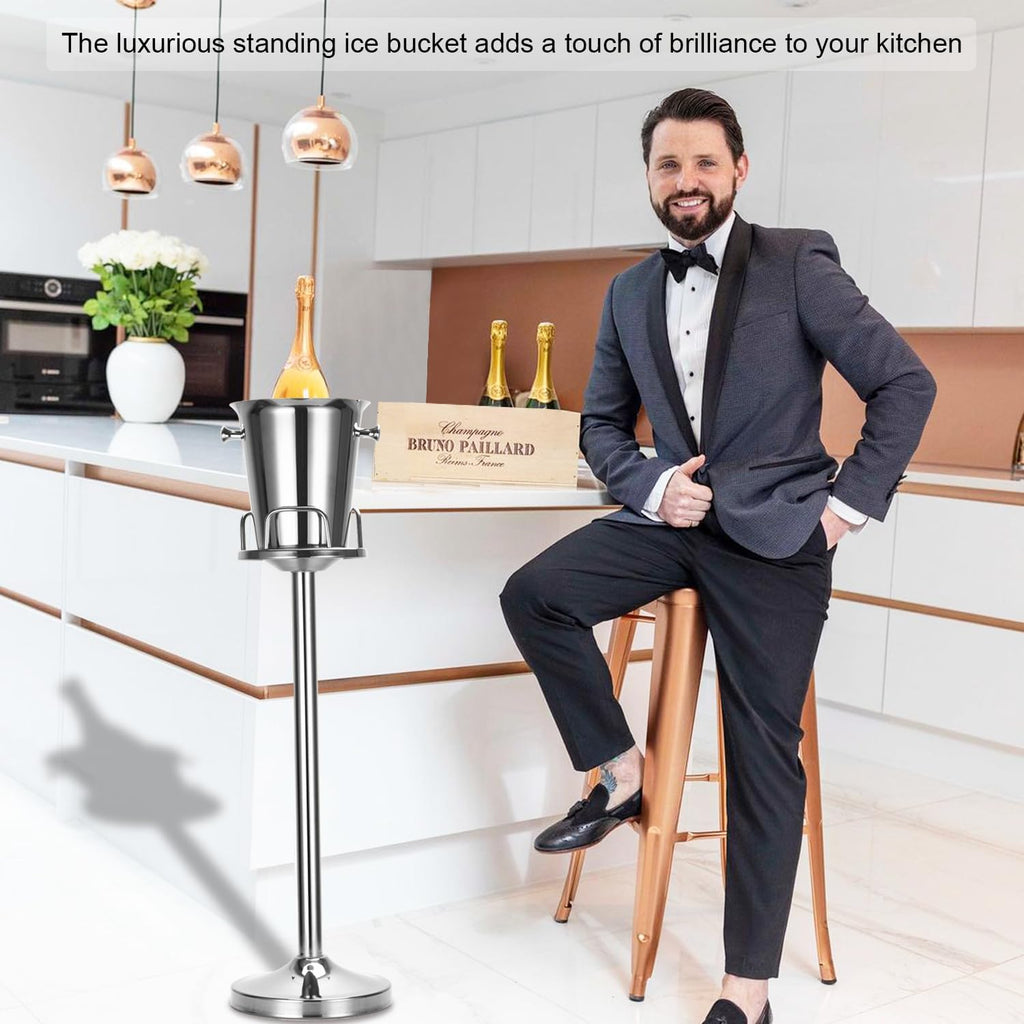 Champagne Bucket with Stand,Ice Bucket with Stand Stainless Steel Bucket Wine Chiller On Stand 12Lb Hammered Tall Ice