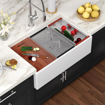 White Fireclay Farmhouse Sink Workstation - 33 Inch White Apron Front Fireclay Farm Sink Large Deep Ceramic Single