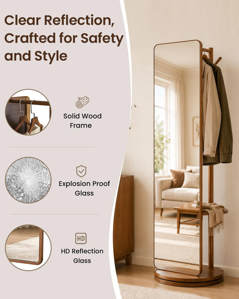 Solid Wood Mirror Coat Rack, Full Length Mirror with Stand Walnut