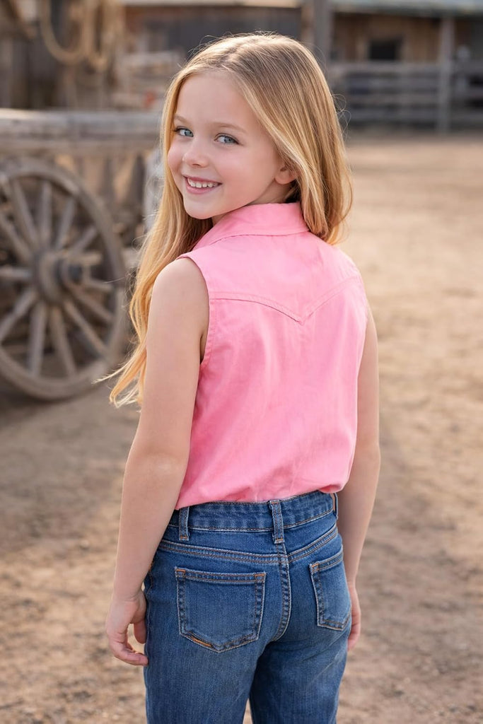 Girls Rhinestones Western Shirt Sleeveless Cowgirl Button Down Shirts Casual Blouses Tops