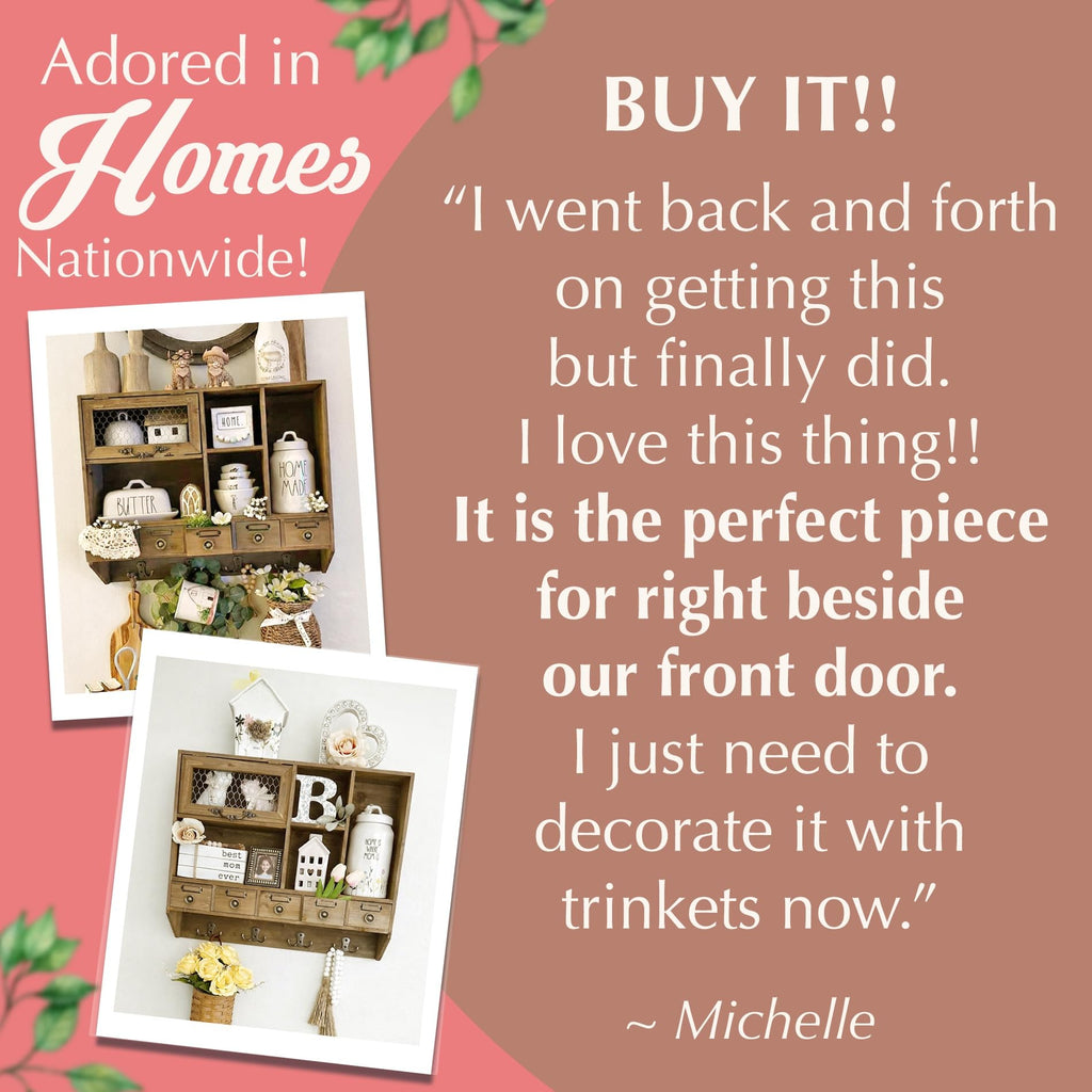 Farmhouse Medicine Cabinet Organizer - Rustic Chicken Wire Wall Shelf with Hooks | Apothecary Shelf & Bathroom Wall