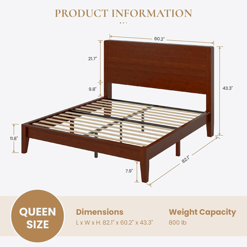 Queen Size Bamboo Bed Frame, Japanese Joinery, Warm Brown