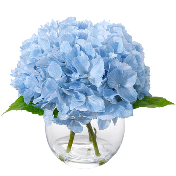 Blue Artificial in Glass Vase with Faux Water, 3 Stems Lifelike Fake Floral Arrangement, UV-Resistant Odorless