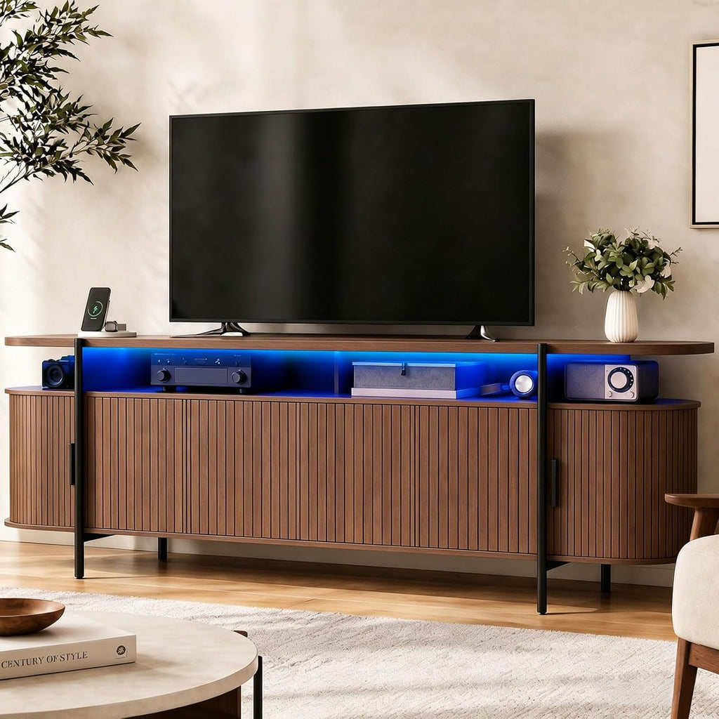 69" Mid Century Modern TV Stand, Curved Entertainment Center with LED Light & Power Outlet, Fluted Wood TV Stand for