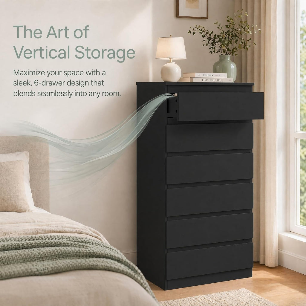 Black 6 Drawer Dresser ,Tall Modern Dressers & Chest of Drawers with Handle-Free Design,Wood Storage Dresser with