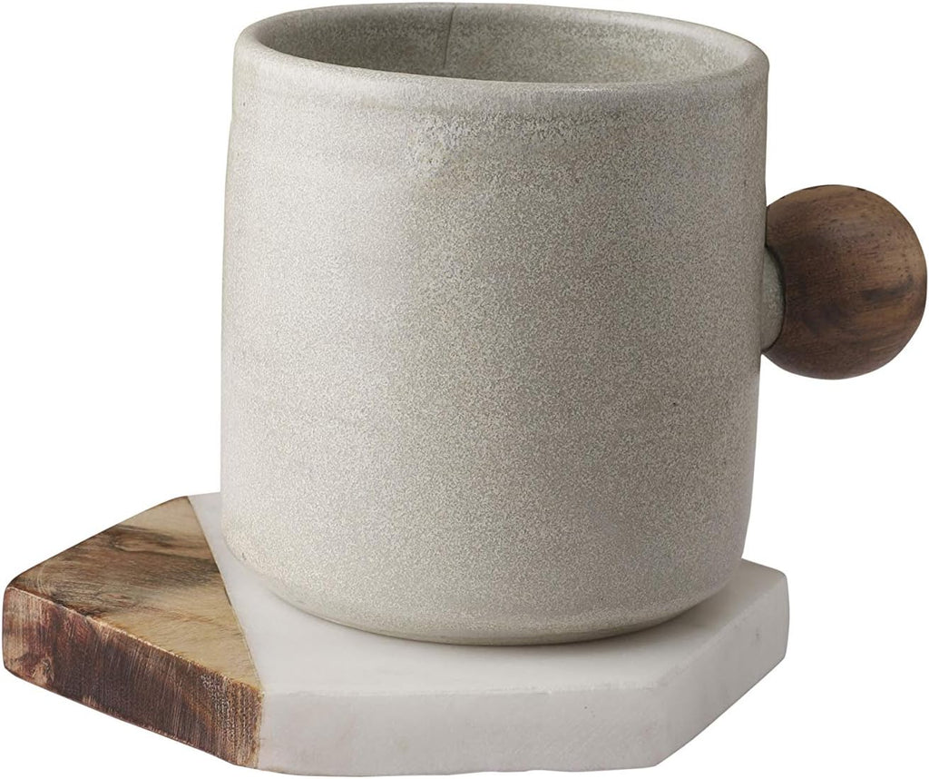 Marble & Mango Wood Coasters Handcrafted Geometric White Marble Coasters for Drinks, Wine Glasses - Set of 4