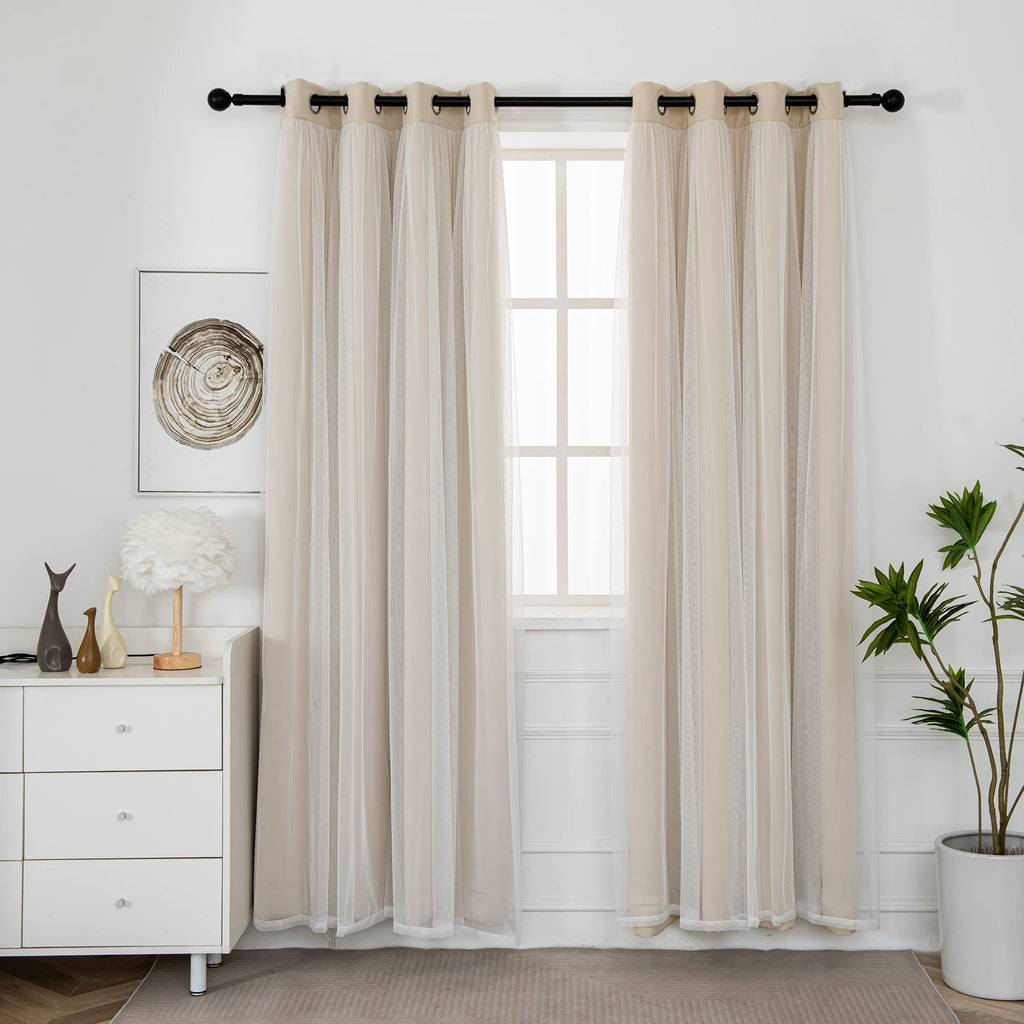 Blackout Curtains with Sheer Overlay, Beige, 52x84 Inches