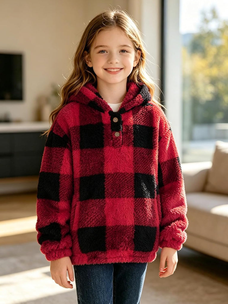 Girls Fuzzy Pullover Hoodie Sherpa Fleece Button Fluffy Sweatshirt