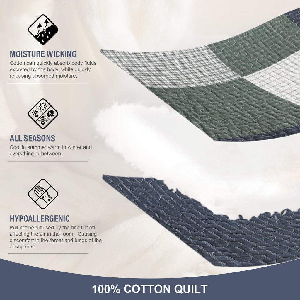 Rustic Quilt Set, 100% Cotton Plaid Patchwork Bedspreads