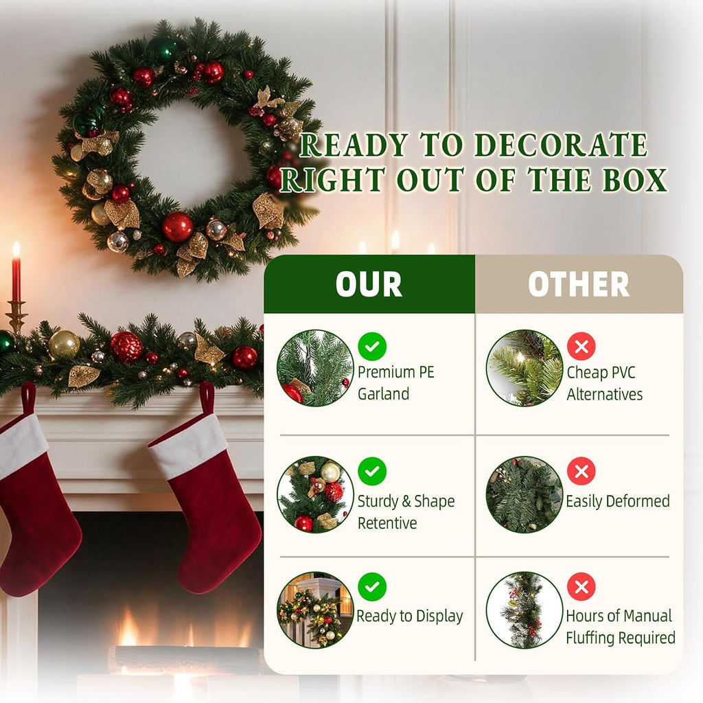 9 FT Pre-Lit Christmas Garland with 80 Warm White LED Lights and Timer, Battery Operated Artificial PE & PVC Garland