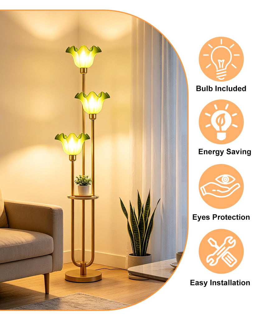 Flower Floor Lamp Vintage Dimmable Floor Lamp with Green Shades 3 Light Mid Century Gold Floral Standing Tall Lamp