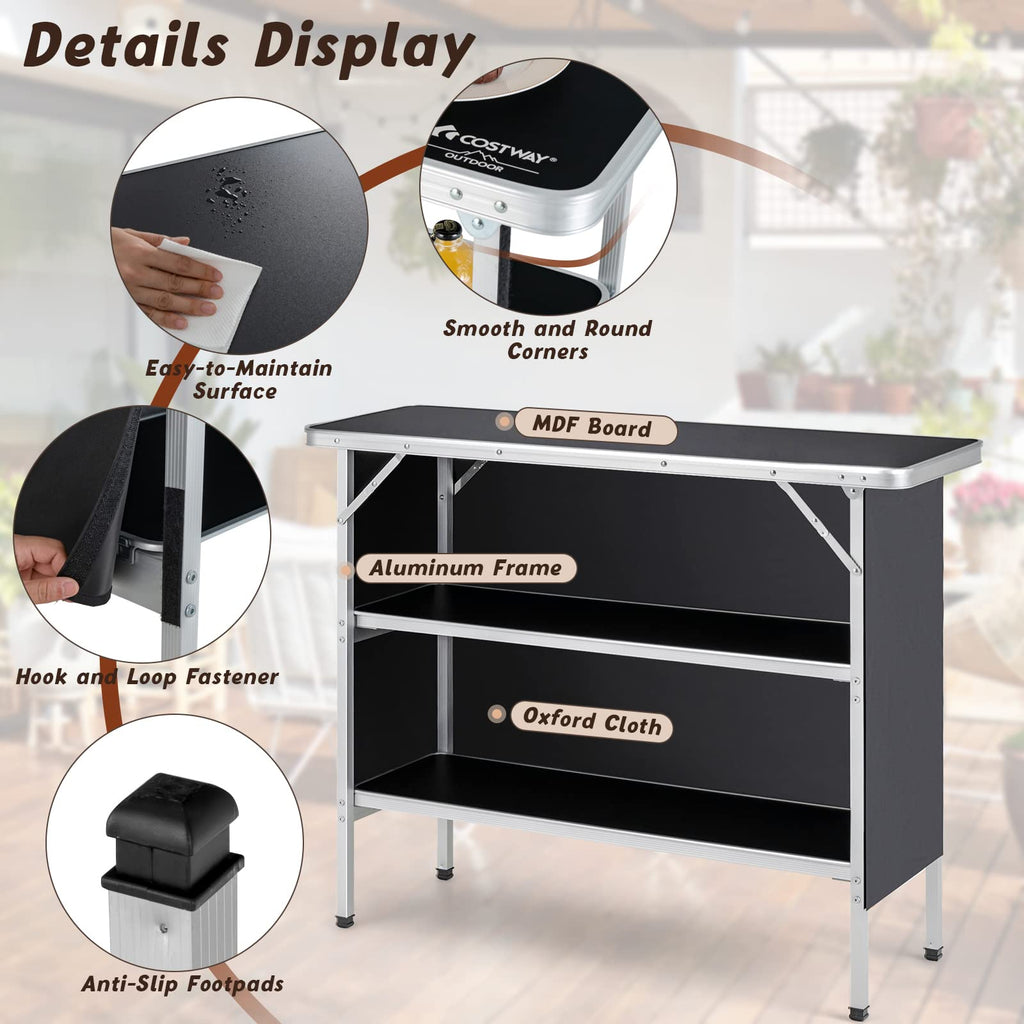 Portable Bar Table for Events, Folding Mobile Bartending Station with Storage Shelves, Removable Privacy Skirt