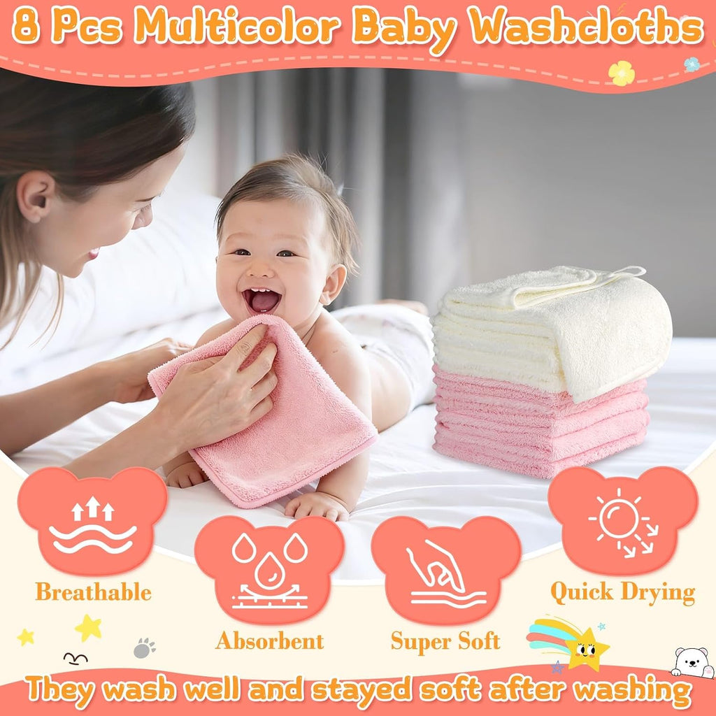 12 Pcs Baby Bath Towels Set for Infants Toddlers, 2 Pcs Animal Hooded Bath Towel, 2 Pcs Baby Burp Cloths & 8 Pcs