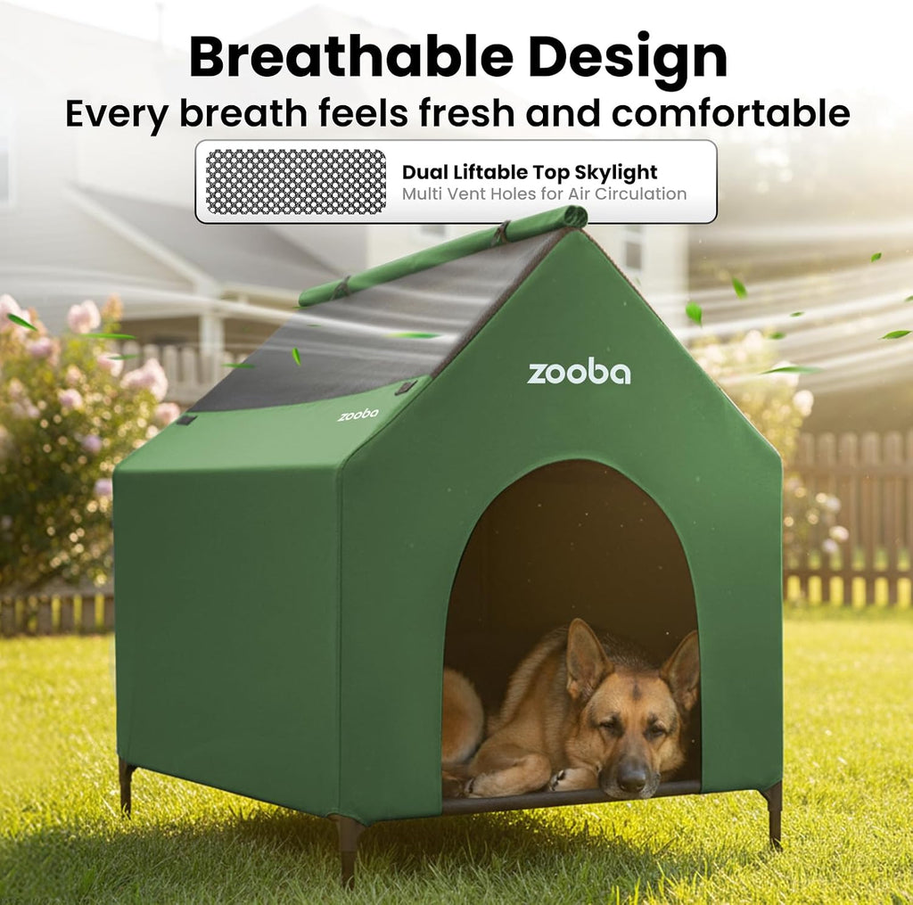36in Large Dog House Outdoor, Elevated Dog Bed with Canopy, Green
