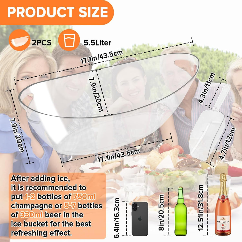 2-Pack 5.5L Ice Bucket for Parties, Portable Drink Bucket for Cocktail Bar, Extra Large Clear Beverage Tubs - Set of 2