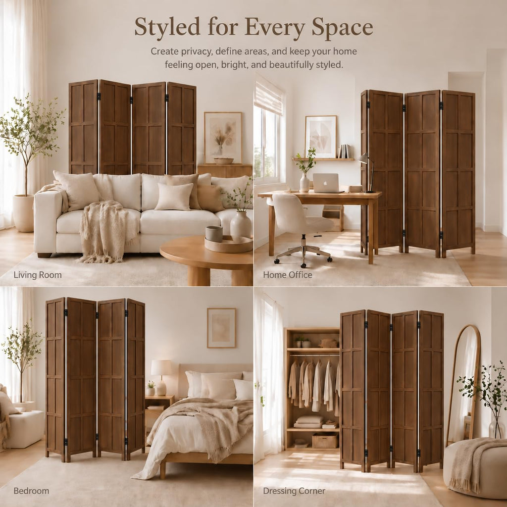 4 Panel Solid Wood Room Divider Folding Privacy Screen Brown