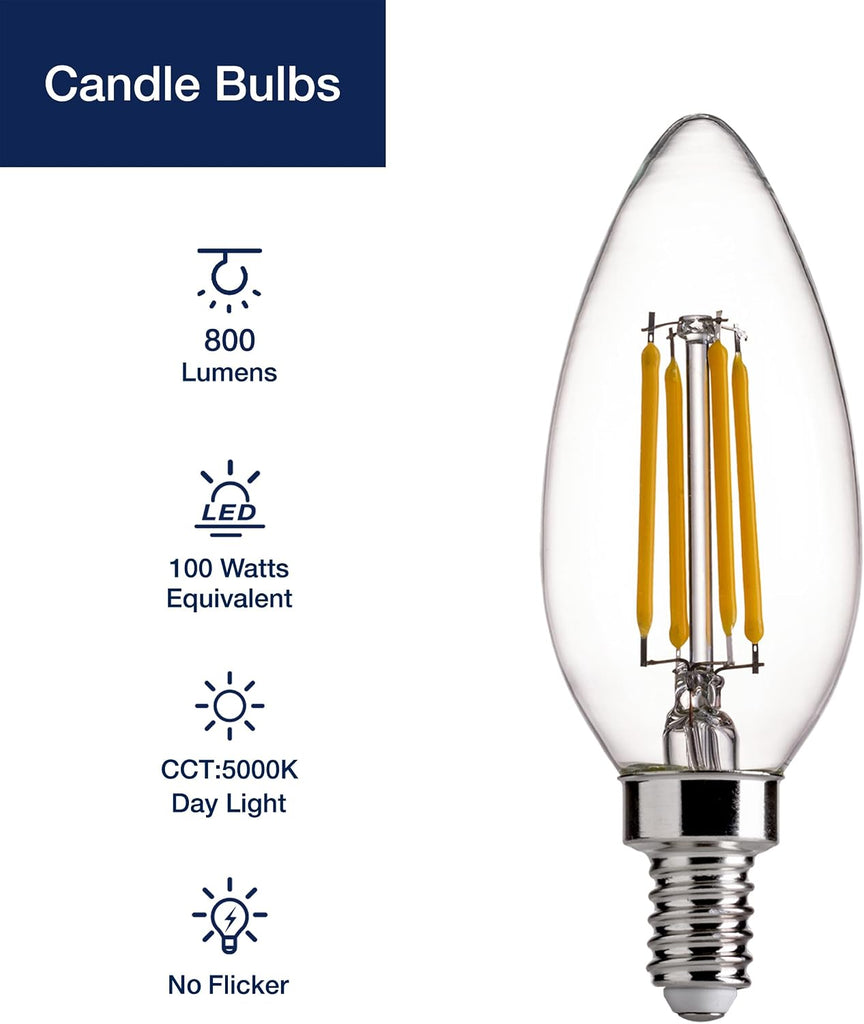 100W Equivalent Candelabra LED Bulbs 5000K Daylight, Dimmable LED Chandelier Light Bulbs, Porch, 800LM, E12 Base, 4