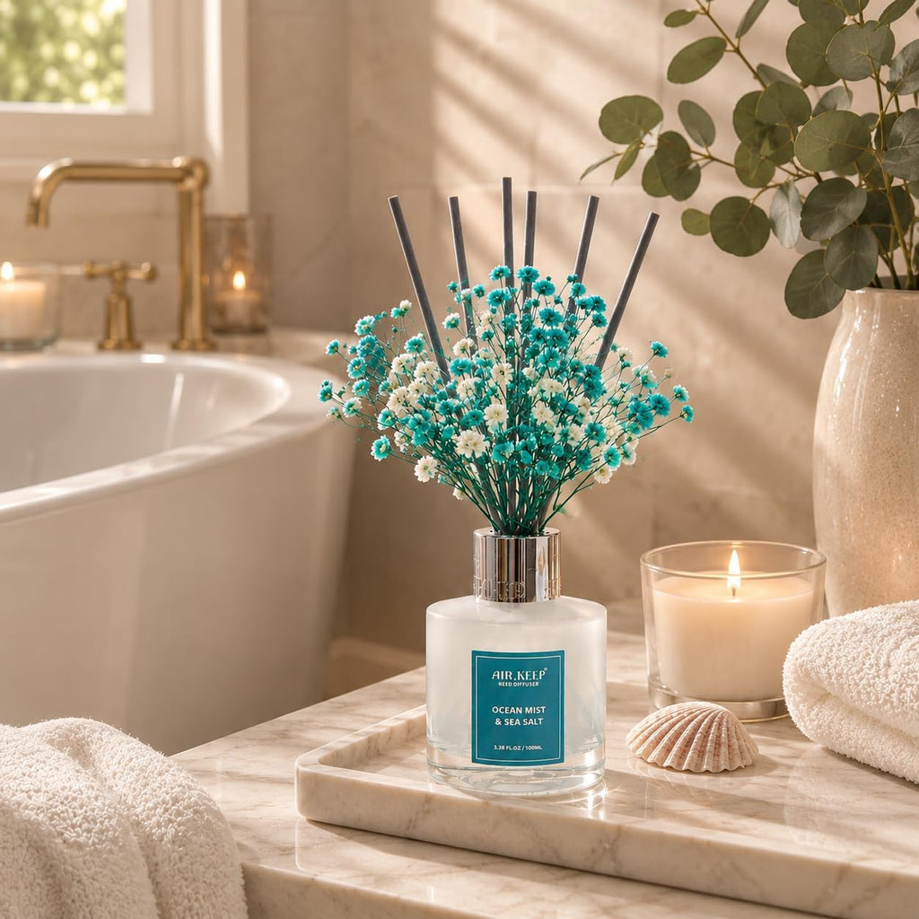Reed Diffuser Set,3.38 fl oz (100 ml) - Ocean Mist&Sea Salt Oil Diffusers with 8 Reed Sticks,Home Fragrance Reed - Set of 338