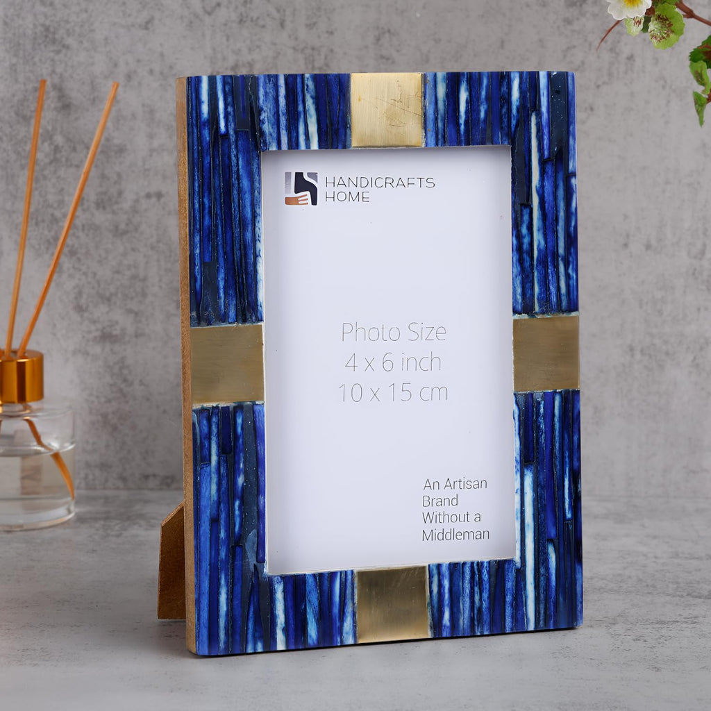6x4 Blue Picture Frame, Handmade Bone Inlay & Brass Photo Frame for Tabletop or Wall Display, Decorative Frame for