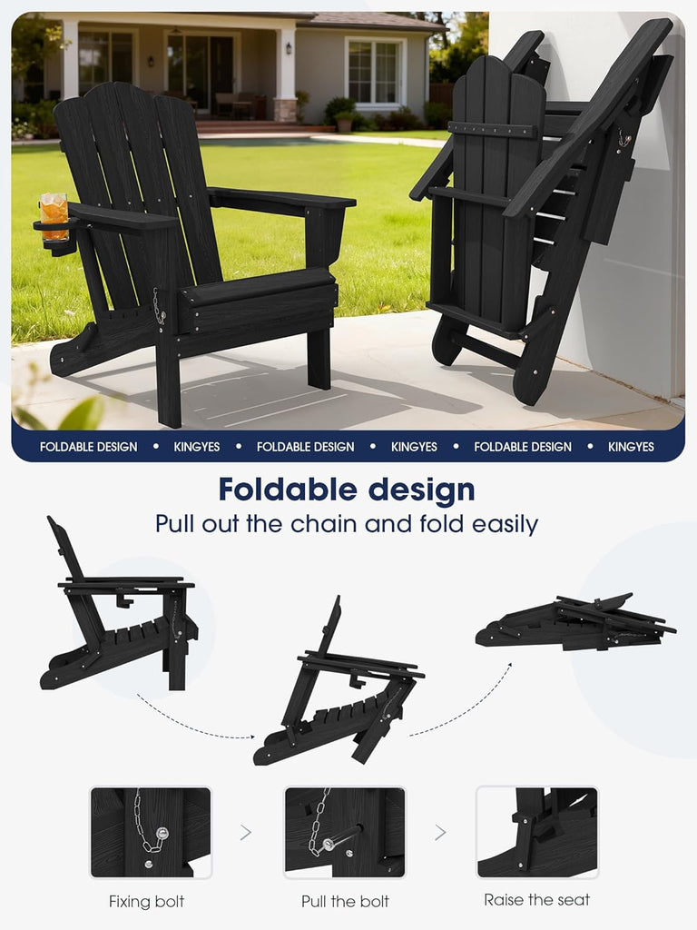 Folding Adirondack Chair, All-Weather HDPE Material, Black, 8 Pack | Wooden Textured Lawn Chair Patio Chairs for