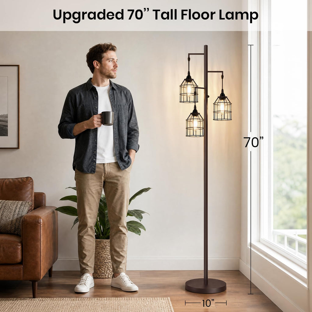 70'' Tall Floor Lamp, 3-Light Standing Lamp, Brown