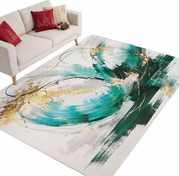 Green Gold Waves Rectangle Area Rug Modern Abstract Minimalist Art Lines Brushstroke Washable Indoor Carpet, Non‐Slip