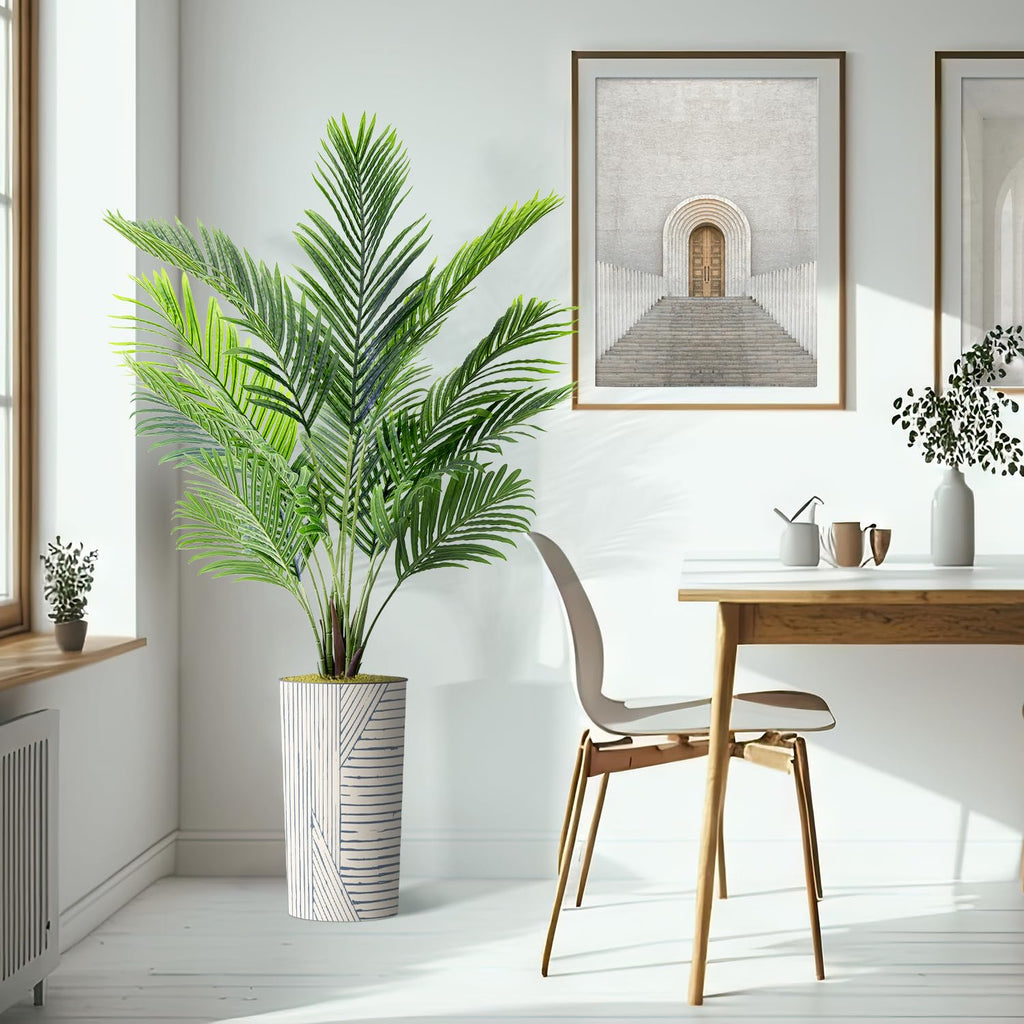 Artificial Tree in Geometric Pattern Planter, Fake Areca Tropical Palm Silk Tree for Indoor and Outdoor Home