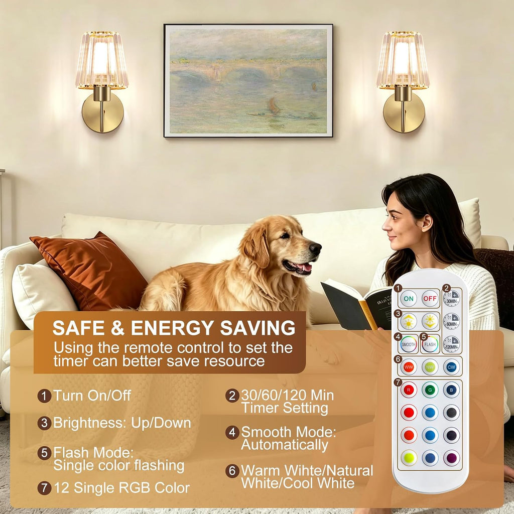 Wireless Sconces Wall Decor Set of 2，Rechargeable Battery Operated Wall Sconce with Remote, 15 Color Dimmable Wall