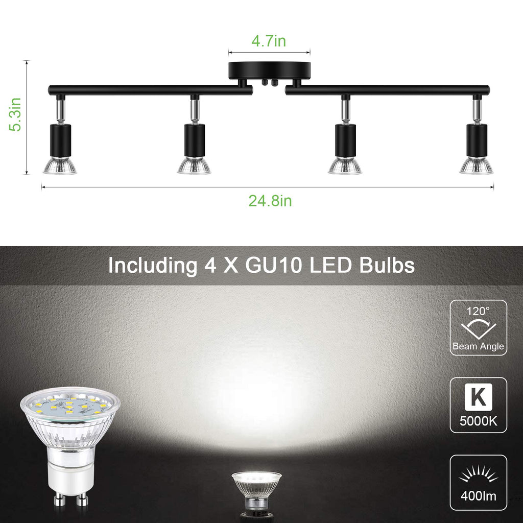 LED 4 Light Track Lighting Kit, 24.8'' Black 4 Way Ceiling Spot Lighting, Flexibly Rotatable Head, Track Light