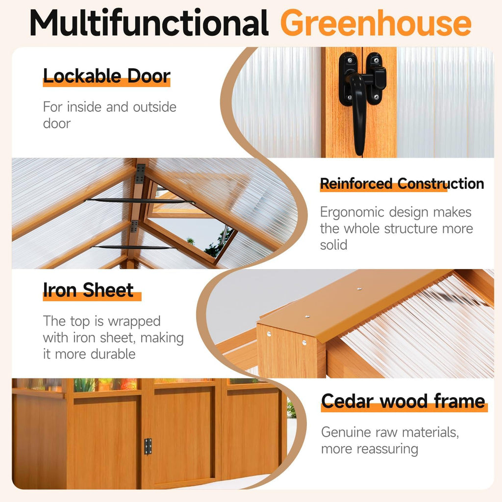 6x10 FT Wooden Greenhouse,Natural Wood Garden House for Plants,Heavy Duty Green House with Polycarbonate Panel
