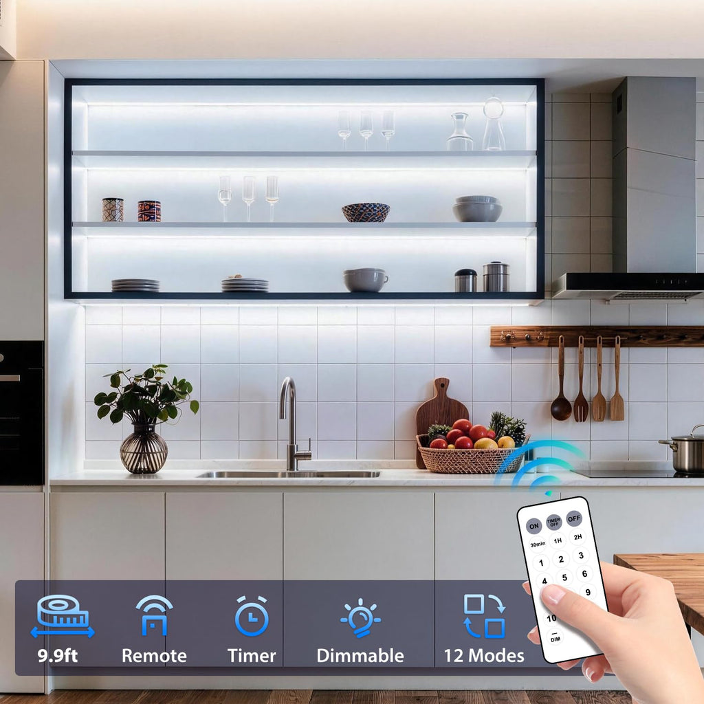 3 Pack 9.9FT Under Cabinet Lights Battery Powered with Remote, 12 Modes, Self-Adhesive, Flexible, Dimmable, Timer