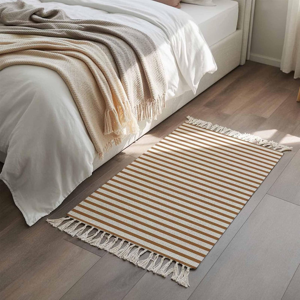Minimalist Chestnut Brown Striped Runner Rug with Tassel Modern Art Vertical Line Print Entryway Rugs Washable