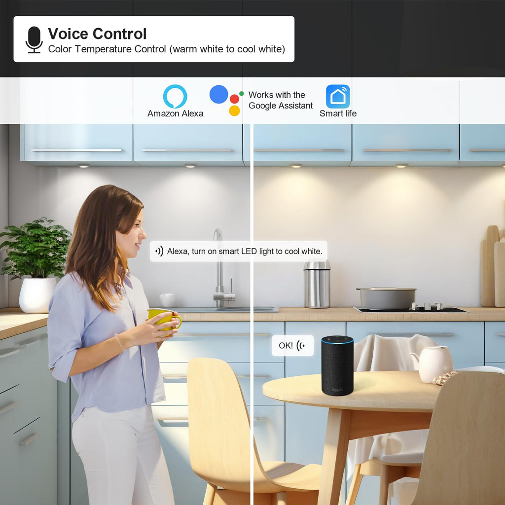 6pack LED Puck Light Kit, 2700-6000K Smart Round Under Cabinet Lighting with APP Control, Compatible with Alexa