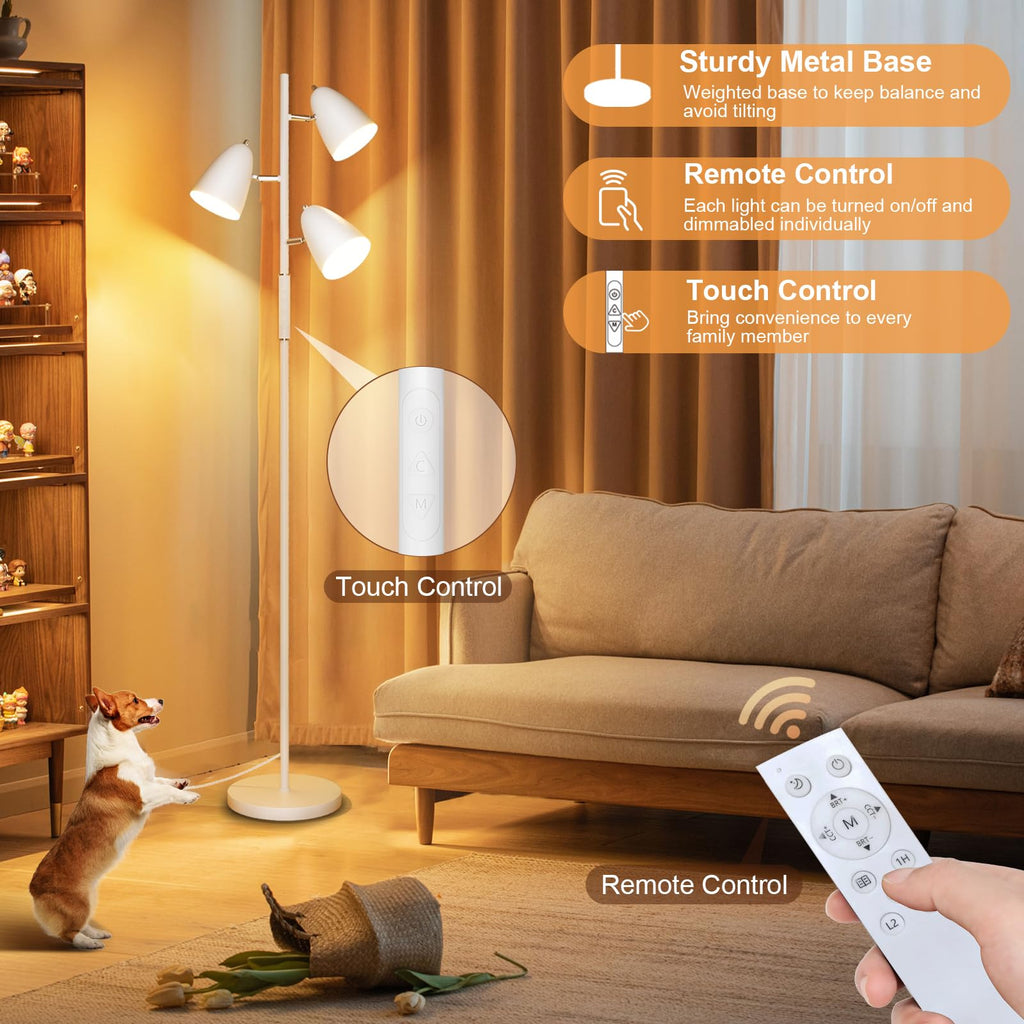 36W LED Floor Lamp, Modern White 3-Light Tree Standing Lamp