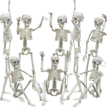 Halloween Skeleton Decorations, 16" Small Poseable Full-Body Skeletons with Movable Joints, Hanging Plastic - Set of 8