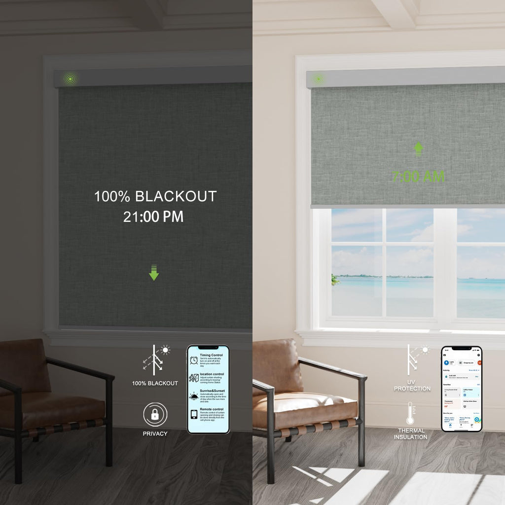 Motorized Blinds with Remote, 100% Blackout Smart Blinds Motorized Roller Shades Compatible with Alexa Automatic