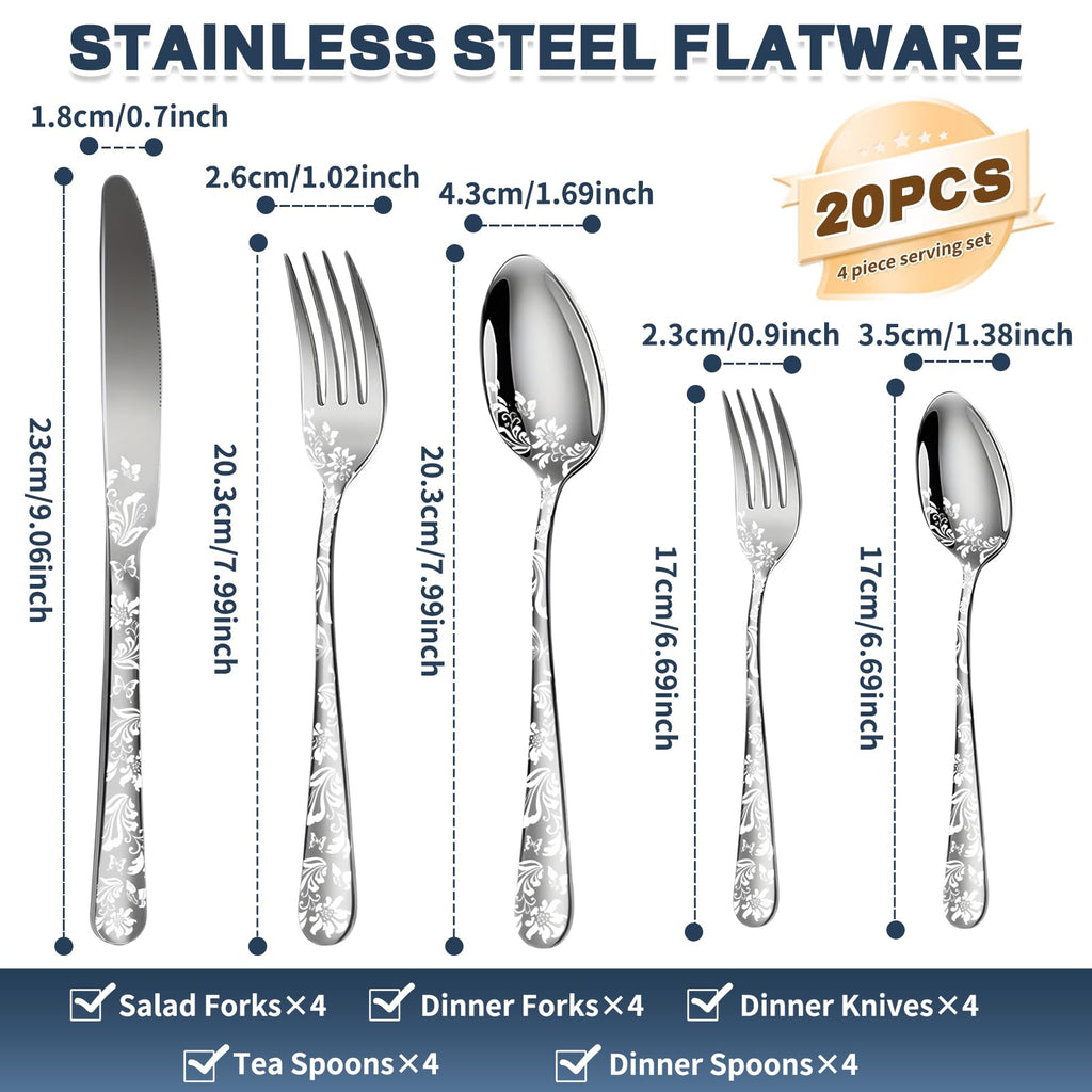 Silverware Set, 20 Piece Stainless Steel Flatware Set, Silverware Set for 4,Mirror Polished Cutlery Set, Tableware