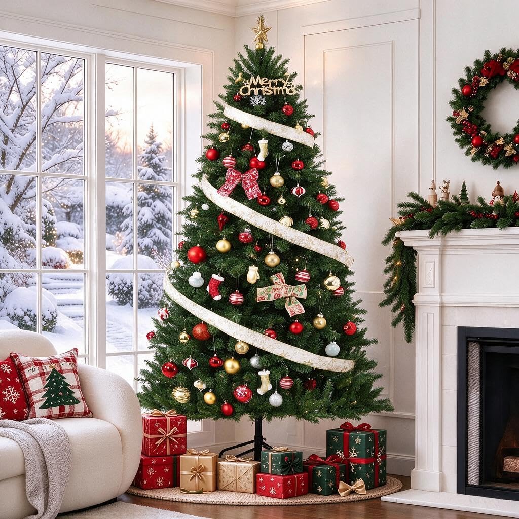 6 ft Artificial Christmas Tree Prelit, PVC Xmas Tree