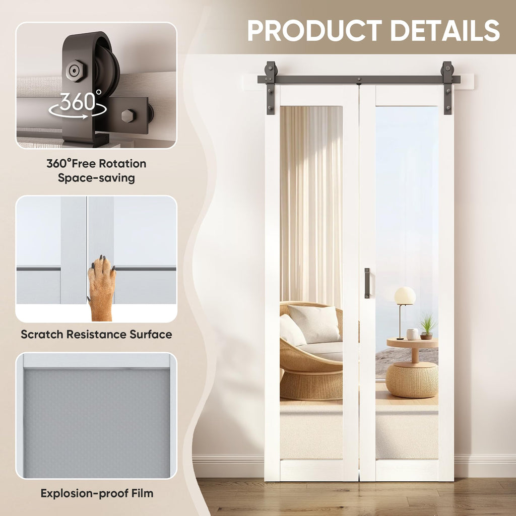 40x84 Mirrored Bifold Barn Door, White, Hardware Kit